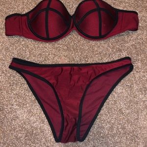 Burgundy strapless swim suit